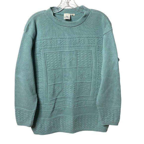 Vintage 80’s Cascade Blues Sweater Light Blue Quilt Print Women’s Size Large - Picture 1 of 9